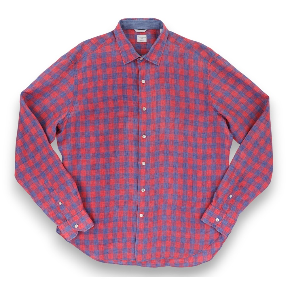 Culturata Shirt Mens XL Red Blue Check Linen Button Up Long Sleeve Made in Italy